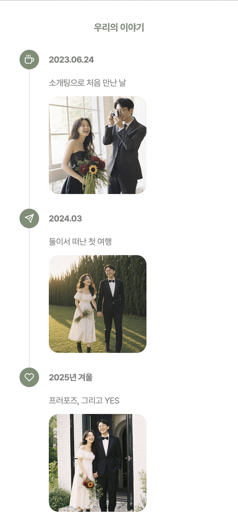 왼쪽 선 모양. 제목, 한 줄 설명, 사진이 세로 선을 따라 쌓여 있다