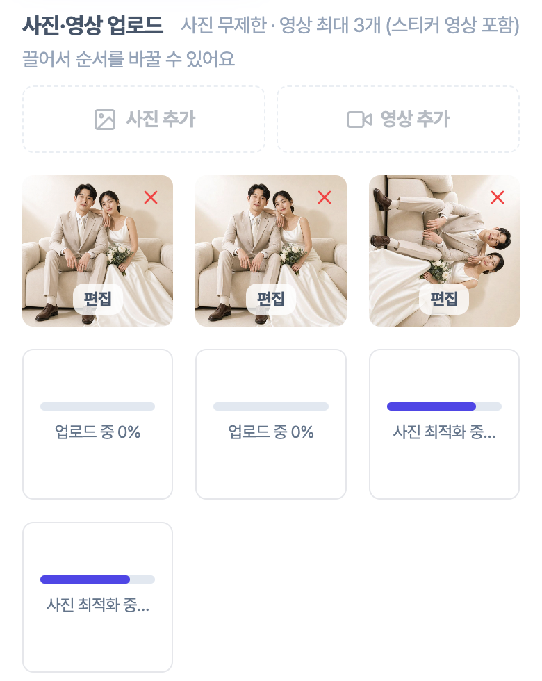 갤러리에 사진 네 장을 올리는 중. 타일마다 「업로드 중」 막대와 「사진 최적화 중」이 따로 보인다